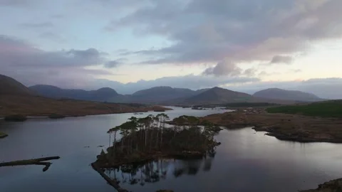 Isolated Island with Pine Trees in Tranquil Irish Lake at Dusk Stock Footage 332519703