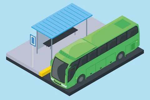 Isolated isometric 3d bus next to a bus stop Stock Illustration