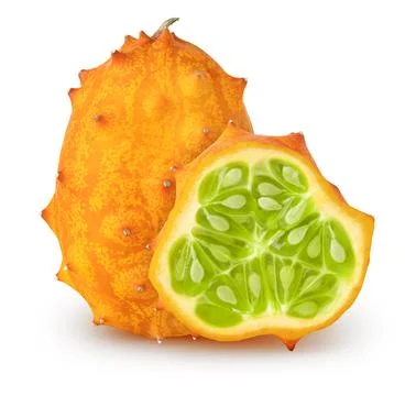 Isolated kiwanos. Whole kiwano melon fruit with slice isolated on white Stock Photos