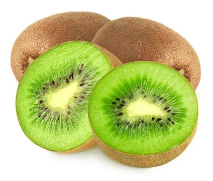 Isolated kiwi. Group of kiwi with slices isolated on white, clipping path Stock Photos