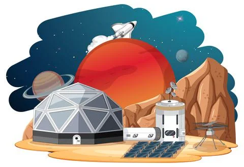 Isolated landscape of planet surface with colony buildings Stock Illustration