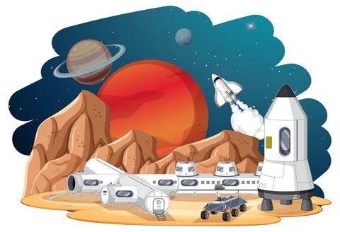 Isolated landscape of planet surface with colony buildings Stock Illustration