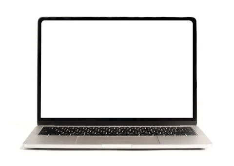 Isolated of laptop computer with white screen for mockup on white background Stock Photos