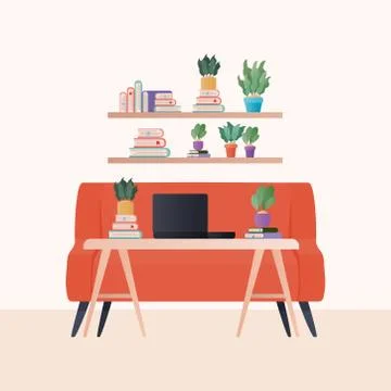 Isolated laptop on table in front orange couch vector design Illustrazione stock