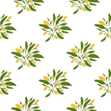 Isolated lemon fruit seamless doodle pattern with green leaves. White backgro Stock Illustration