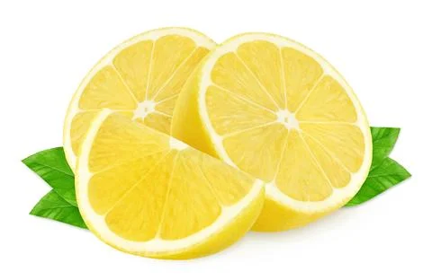 Isolated lemons. Two half of lemons and a piece isolated on white, with cli.. Stock Photos