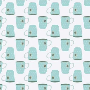 Isolated light blue tea cups doodle seamless pattern. White background. Simpl 스톡 일러스트