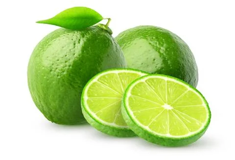 Isolated lime fruit. Two whole lime fruits and slices isolated of white Stock Photos