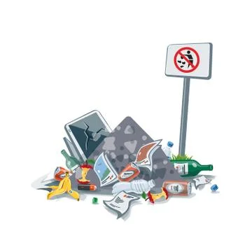 Isolated Littering Garbage Trash Stack with No Littering Sign Stock Illustration
