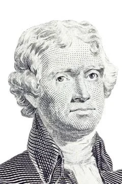 Isolated macro of thomas jefferson on the us two dollar bill. Stock Photos