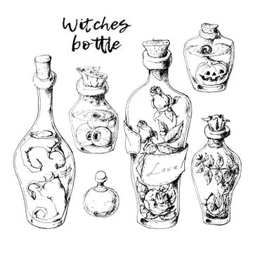 Isolated magic bottle jars set with liquid potions for transformations Stock Illustration