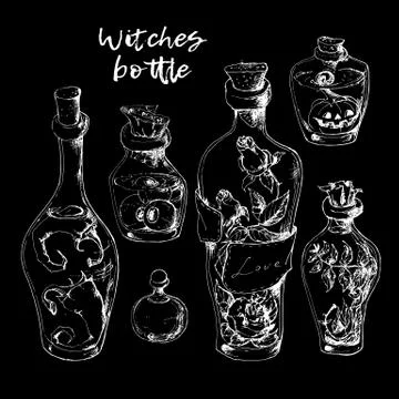 Isolated magic bottle jars set with liquid potions for transformations Stock-Illustration