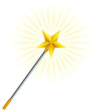 Isolated magic wand with 3D stars and light effects. Stock Illustration