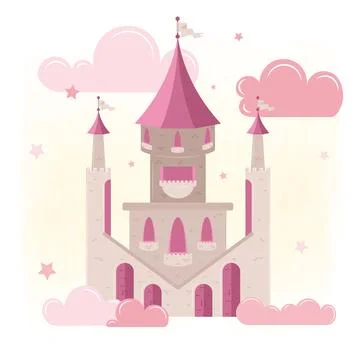 Isolated magical castle Clouds and stars Vector Stock Illustration
