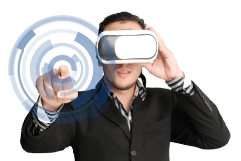 Isolated man put on VR with interface Stock Photos