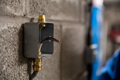 Isolated metal box socket outer case on garage wall ready to be wired Stock Photos