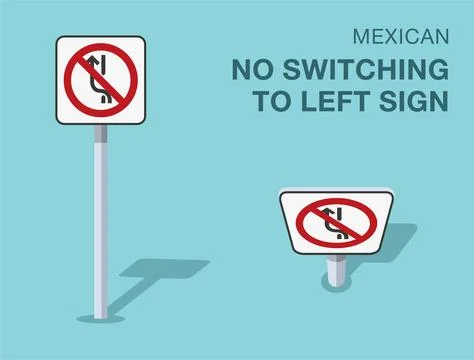 Isolated mexican "no switching to left" road sign. Front and top view. Stock Illustration