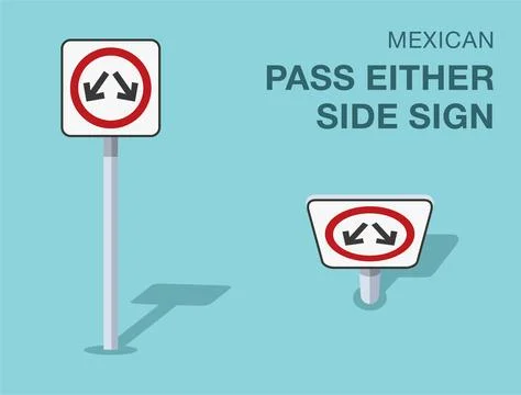 Isolated mexican "pass either side" road sign. Front and top view. Stock Illustration