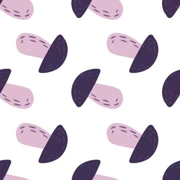 Isolated minimalistic seamless forest pattern with purple mushroom shapes. Wh Stockillustratie