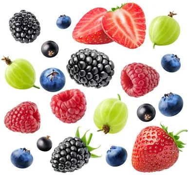 Isolated mixed fresh berries. A group of strawberry, blackberry, blueberry Stock Photos