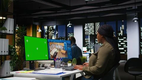 Isolated mockup and CAD software used by black female graphic designer Stock Photos