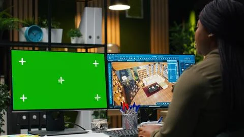 Isolated mockup and CAD software used by black female graphic designer Stock Photos