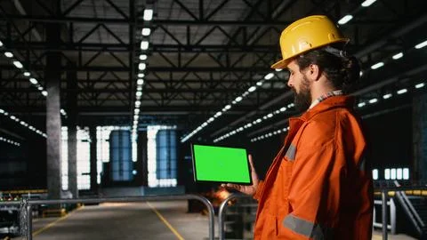 Isolated mockup on tablet held by engineer with helmet in warehouse facility Stock Photos