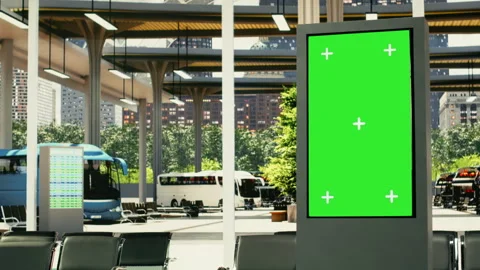Isolated mockup TV in empty city coach station with travel timetable information Stock Footage 334728307