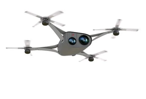 Isolated modern camera drone in flight, front view of the futuristic black Stock Illustration