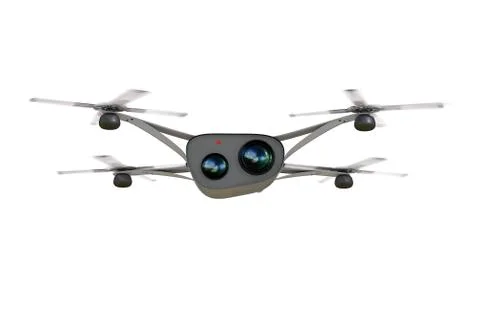 Isolated modern camera drone in flight, front view of the futuristic black Stock Illustration
