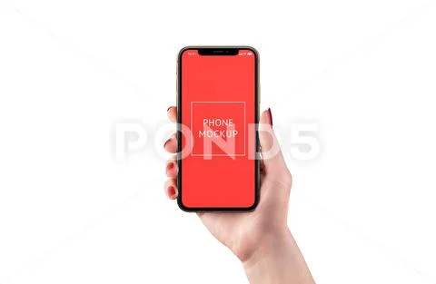 Isolated modern phone mockup in woman hand. Front position. Smart object display PSD-Vorlage
