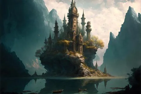 An Isolated Monastery At The Bottom Of A Lake Stock Illustration