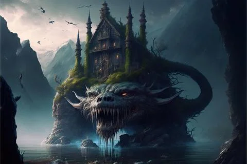 An Isolated Monastery At The Bottom Of A Lake Stock Illustration