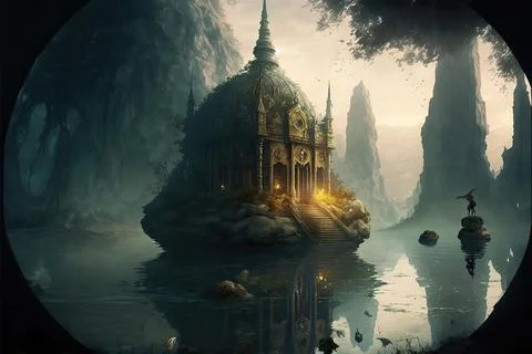 An Isolated Monastery By A Large Lake Or Bay Stock Illustration
