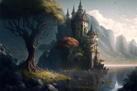 An Isolated Monastery By A Large Lake Or Bay Stock Illustration
