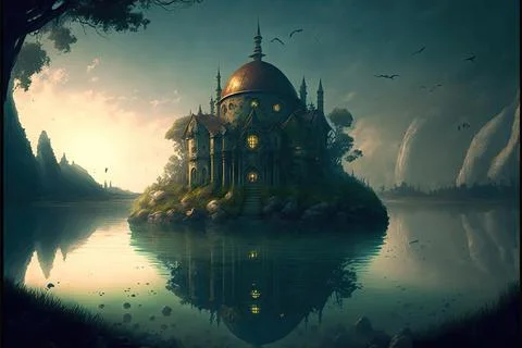An Isolated Monastery By A Large Lake Or Bay Stock Illustration