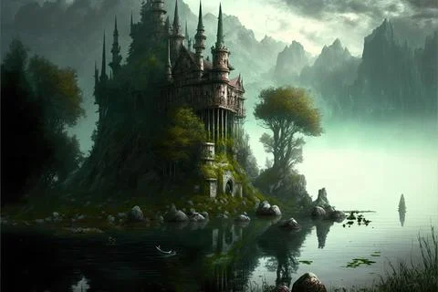 An Isolated Monastery By A Large Lake Or Bay Stock Illustration