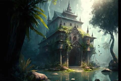 An Isolated Monastery In A Tropical Oasis Stock Illustration