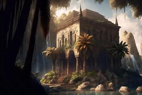 An Isolated Monastery In A Tropical Oasis Stock Illustration