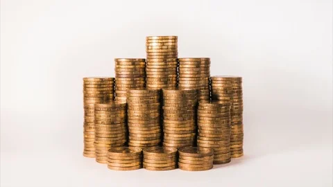 Isolated motion graph with gold coins on white background Stockbeeldmateriaal 111217110