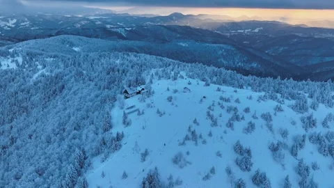 Isolated Mountain Hut Winter Sunset Orbit Stock Footage 336277392