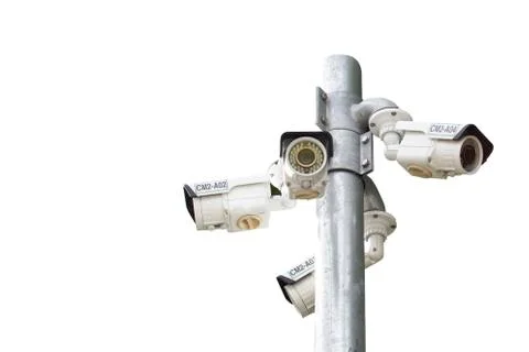 Isolated of Multiple Angle Outdoor CCTV Camera on the Pole Foto stock