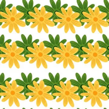 Isolated nature seamless pattern with bright yellow and green daisy flowers o Stock Illustration
