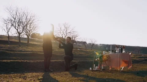 Isolated in nature, under the sunset, the man in love and happy that the woman Video stock 153220567