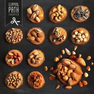 Isolated nuts set with clipping path. Stock Photos