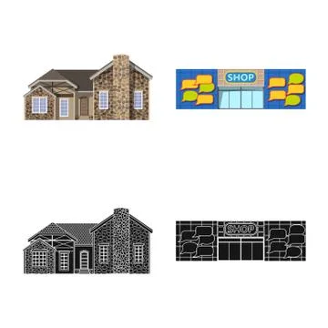 Isolated object of building and front sign. Collection of building and roof Ilustración de archivo