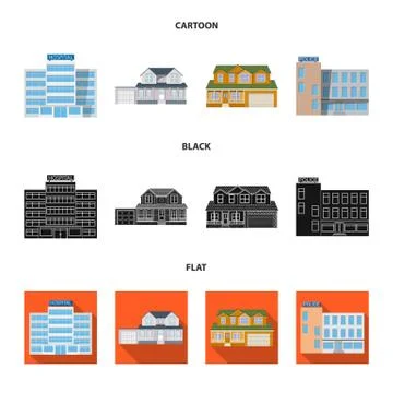 Isolated object of building and front sign. Collection of building and roof Ilustración de archivo