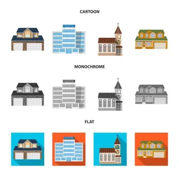 Isolated object of building and front sign. Collection of building and roof Ilustración de archivo