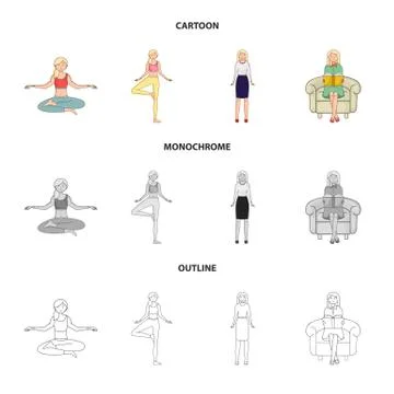 Isolated object of posture and mood sign. Collection of posture and female stock Illustrazione stock