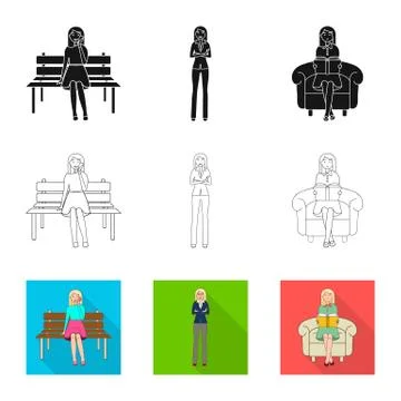 Isolated object of posture and mood sign. Collection of posture and female stock Illustrazione stock